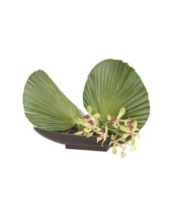 Green Orchid with Fan Palms in Tray with Rocks