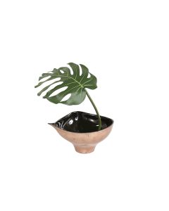 Single Philodendron Leaf with Black Rocks in Bronze-Finish Leaf Bowl