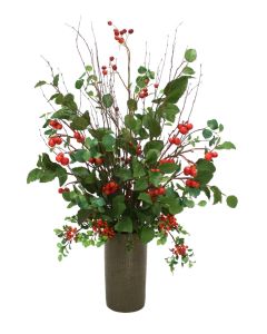 Bay & Elm Foliage With Red Berry Mix In Bronze Cylinder Planter