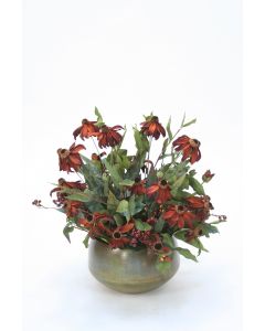 Burgundy Black Eyed Susans and Berries in Metal Sosa Bowl