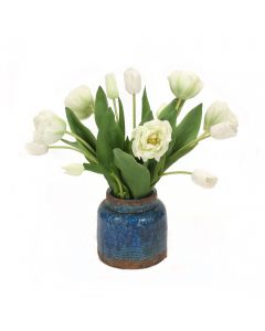 White Parrot Tulips in Rustic Blue Pot