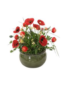 Poppies with Grass and Apple Blossomes, Mini Ranunculas and Ivy in Green Planter