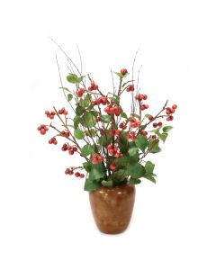 Red Cherries with Elm Foliage in Leather Finish Metal Planter