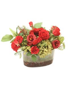 Red Roses with Celosia and Hydrangea Garden in Oval Glass