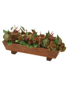 Artichoke, Pomegranate with Hydrangeas  and Berries in Footed Wood Box