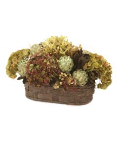 Hydrangea with Agapanthus and Artichoke's in Dark Brown Woven Oval Basket
