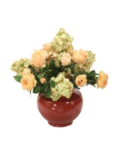 Light Coral Roses Mixed with PeeGee Hydrangeas in Oxblood Red Planter