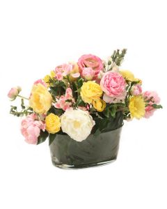 Pink Peonies with Yellow Ranunculas and Tulips Mixed in an Oval Glass Bowl for a Garden Mix Arrangement