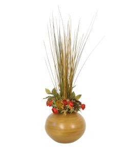 Tall Green Brown Grasses, Pods and Red Buds in Round Ceramic Tan Bowl