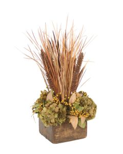 Green Hydrangeas, Fall Grasses and Foliage in Antique Wood Box