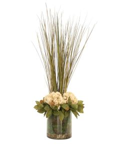 Beige Hydrangeas Bayleaves and Pods with Grasses in Glass Cylinder