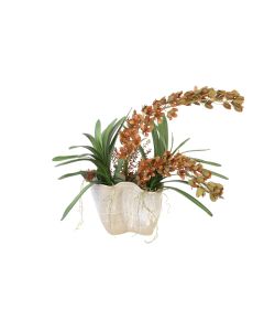 Dendrobium Orchids with Vanda Foliage in Turqoise Vase