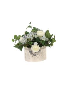 Antique Blue Hydrangea with White Ranunculus in Silver Oval Container with Lid