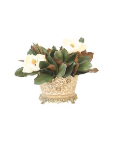 Magnolia Blooms and Foliage in Porcelain Oval Bowl