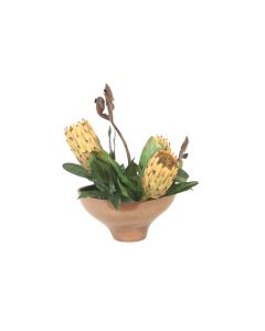 Yellow Green Proteas in Gold Lacquered Bowl