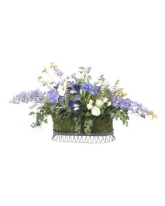 Mixed Garden Flowers, Cosmos, Delphinium Forget Me Nots in Rectangular Planter