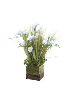 Ice Blue Freesia Mixed with Grass and Berries in Square Glass Container