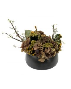 Hydrangea with Phylica,  Brunia and Bird Nest in Green Metal Sosa Bowl