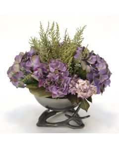 Lavender Hydrangeas in Black Nickel Bowl with Horns