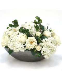 White Hydrangeas with Roses in Cosmic Bowl