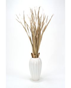 Beige Rush Grass in White Ribbed Vase