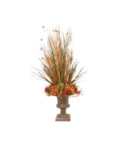 Natural Grasses and Rust Hydrangeas in Classic Urn