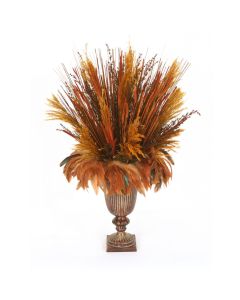 Plume Reeds, Aspen Gold Grasses, and Turkey Feathers in Ribbed Urn