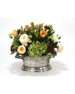 Mixed Floral of Roses, Hydrangea and Tulips in Pewter Newport Planter