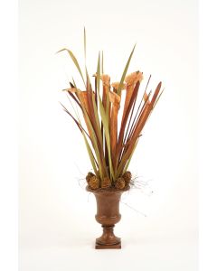 Pitcher Plants with Grasses and Cones in Maple Finish Urn