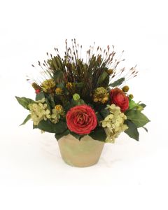 Hydrangeas, Ranunculus and Dried Grasses in Green Pot