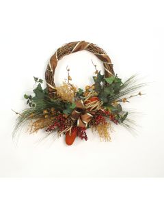 Wreath with Wheat Grass, Rust Protea, Peach Blossom and Berries also Ribbon 