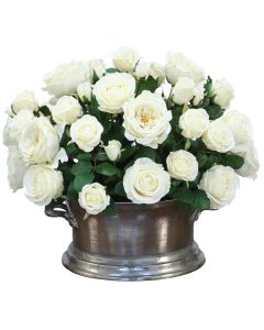 Cream White Roses in Matte Silver Oval Planter