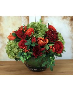 Red, Green, Orange Garden Flowers in Round Glass Bowl