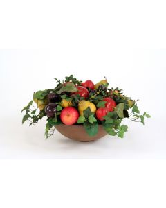 Faux Fruit Abundance Nestled with Foliage in An Olive Washed Bowl