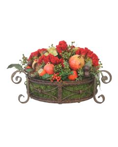 Celosia with Mixed Berries, Fruit and Pods in Round Iron Planter