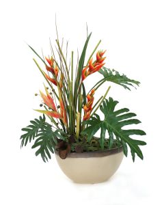 Red Heliconia and Red Anthurium with Gold Orchids in Sand and Bronze Oval Planter