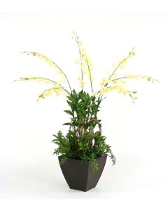 Silk Orchids and Greenery in Planter