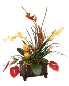 Artificial Gold Protea, Orchids, Red Heliconia and Antherium with Bird of Paradise Leaves in A Rectangular Splint Woven Planter with Wood Legs
