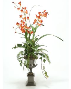 Red-Gold Cymbidium Orchids with Grass, Ivy and Fern in Bronze Trophy Urn