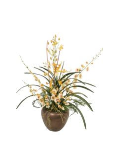 Gold Oncidium Orchids, Succulents, Blades in Oval Black Pearl Ceramic