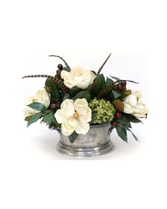 Magnolia with Hydrangeas in Silver Urn