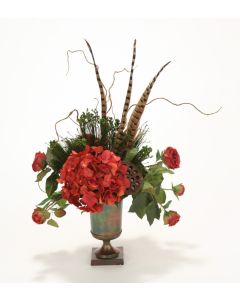 Red Hydrangea, Mums and Roses in Medium Bronze Classic Urn