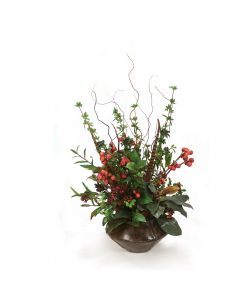 Crabapple Sprays Feathers Berries and Greenery in Riveted Metal Planter