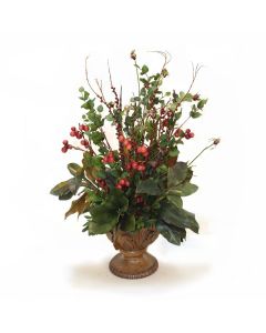 Crabapple Sprays Feathers Berries and Greenery in Brown Urn