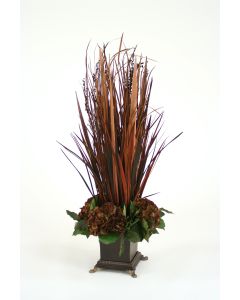 Brown Grass And Blades with Burgundy Green Hydrangeas In Bronze Planter
