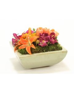 Orange, Yellow Floral in Square Avocado Stoneware Tray