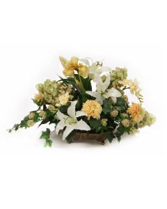 Lilies, Dahlias, Hydrangeas, Ivy, Spirea in Low Antique Brass Tray