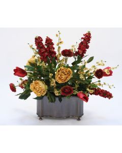 Burgundy and Gold Garden Flowers in Bronze Planter