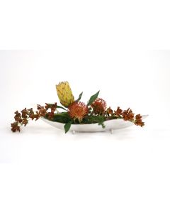 Silk Orchids, Protea, Fern and Pin Cushions in Aluminum Tray