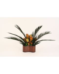 Guzmania Bromeliads, Proteas and Preserved Palms in Kidney-Shaped Planter